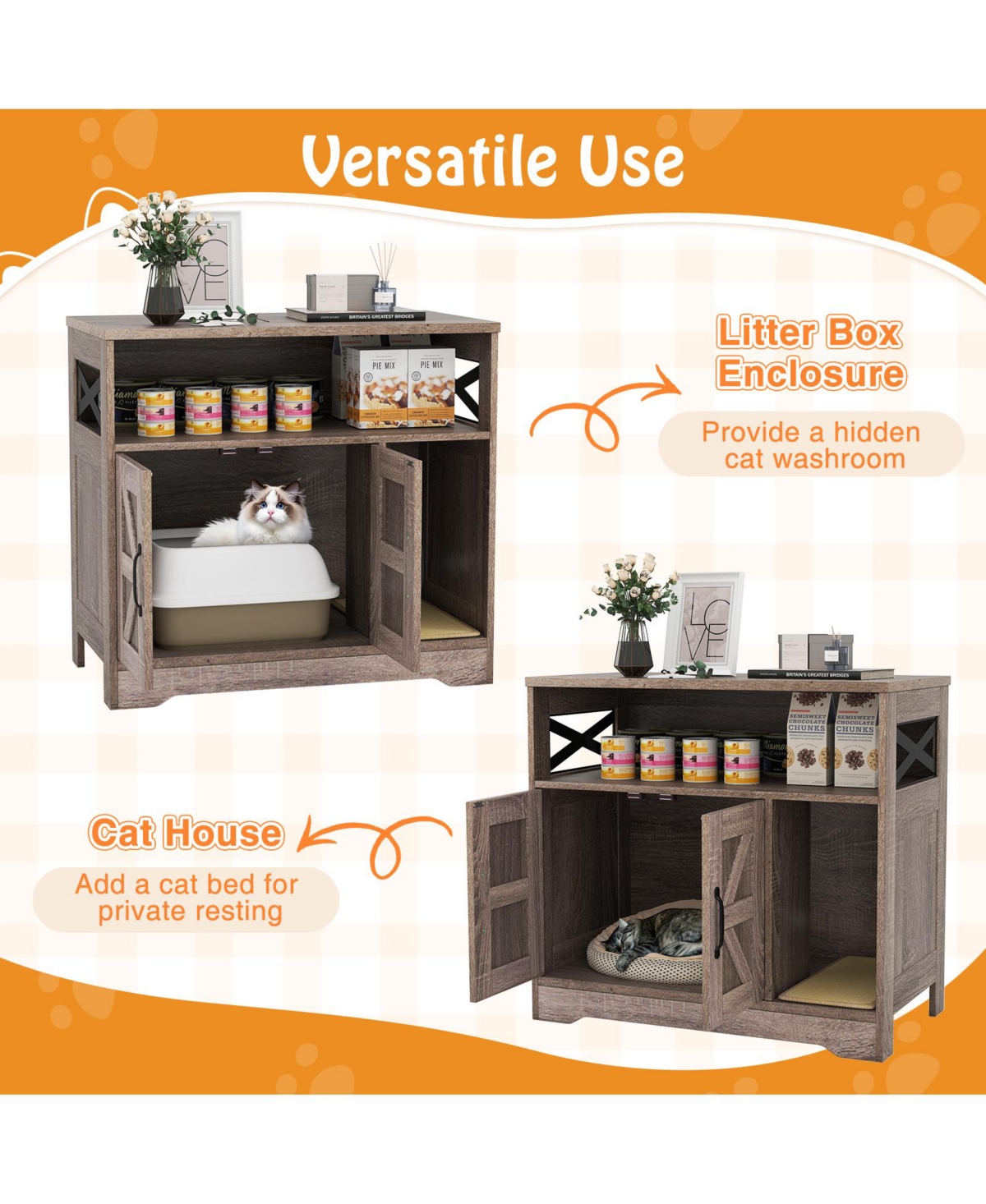 Gymax Cat Litter Box Enclosure w/ Storage Double Doors Sisal Scratching Mat Indoor