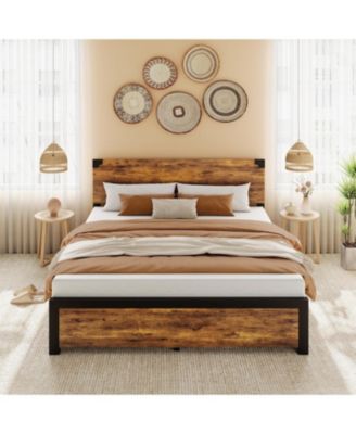 Full Wood Bed Frame with 4 Storage Drawers, Vintage Platform Bed with Metal Support, Wooden Headboard and Footboard, No Box Spring