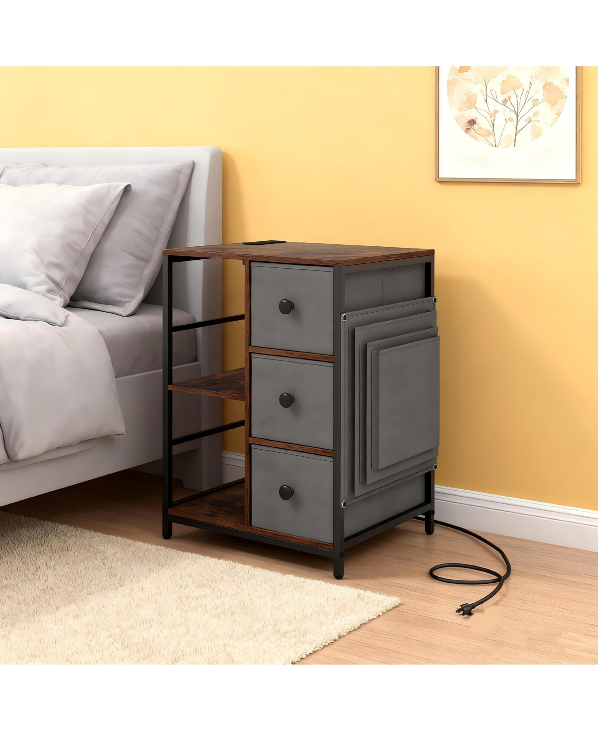 Sugift Industrial Nightstand with Charging Station and Open Shelves