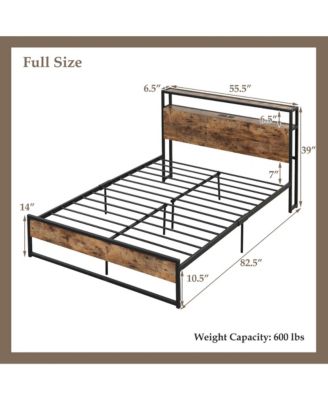 Industrial Platform Bed Frame with Charging Station Storage Headboard