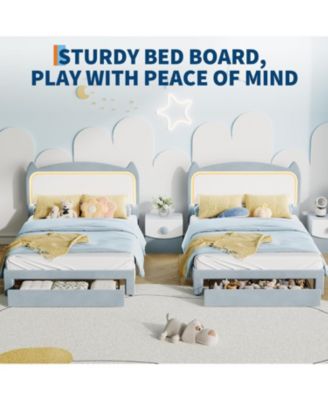 Upholstered LED Bed Frame with Storage Drawer and Cat Headboard, Velvet Princess Platform Bed for Kids
