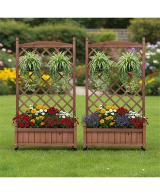 2 Pack Raised Garden Bed with Trellis, Outdoor Wooden Planter Box & Plant Stand with Climbing Racks