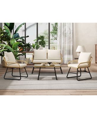 4-Piece Patio Furniture Conversation Set 1 Boho Table & 1 Loveseat & 2 Conversation Chairs, Tan/Cream