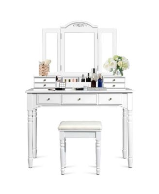 Makeup Dressing Table with Tri Folding Mirror and Stool