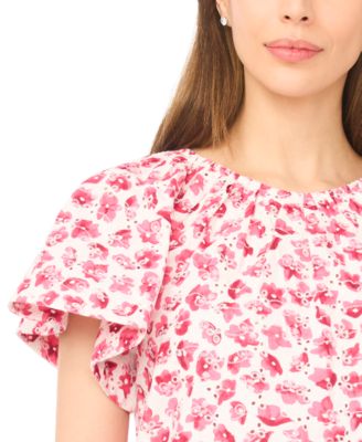 Women's Floral Ruffle-Sleeve Crewneck Cotton Top