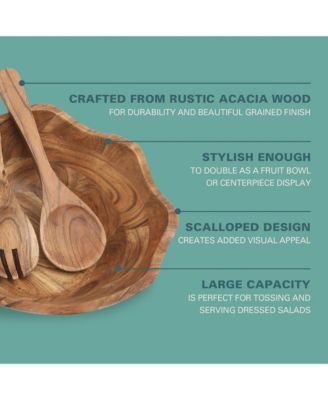 Sandhurst 3-Piece Acacia Wood Salad Bowl Set – 12-Inch Scalloped Serving Bowl with Wooden Salad Servers