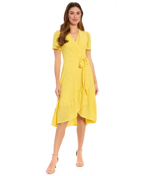 Petite Eyelet Faux-Wrap Midi Dress - Snapdragon