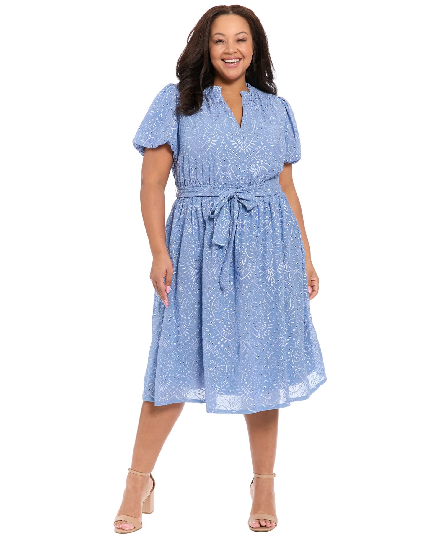 Plus Size Short-Sleeve Notch Neck Midi Dress