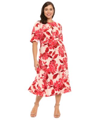 Plus Size Short-Sleeve Keyhole Neck Midi Dress