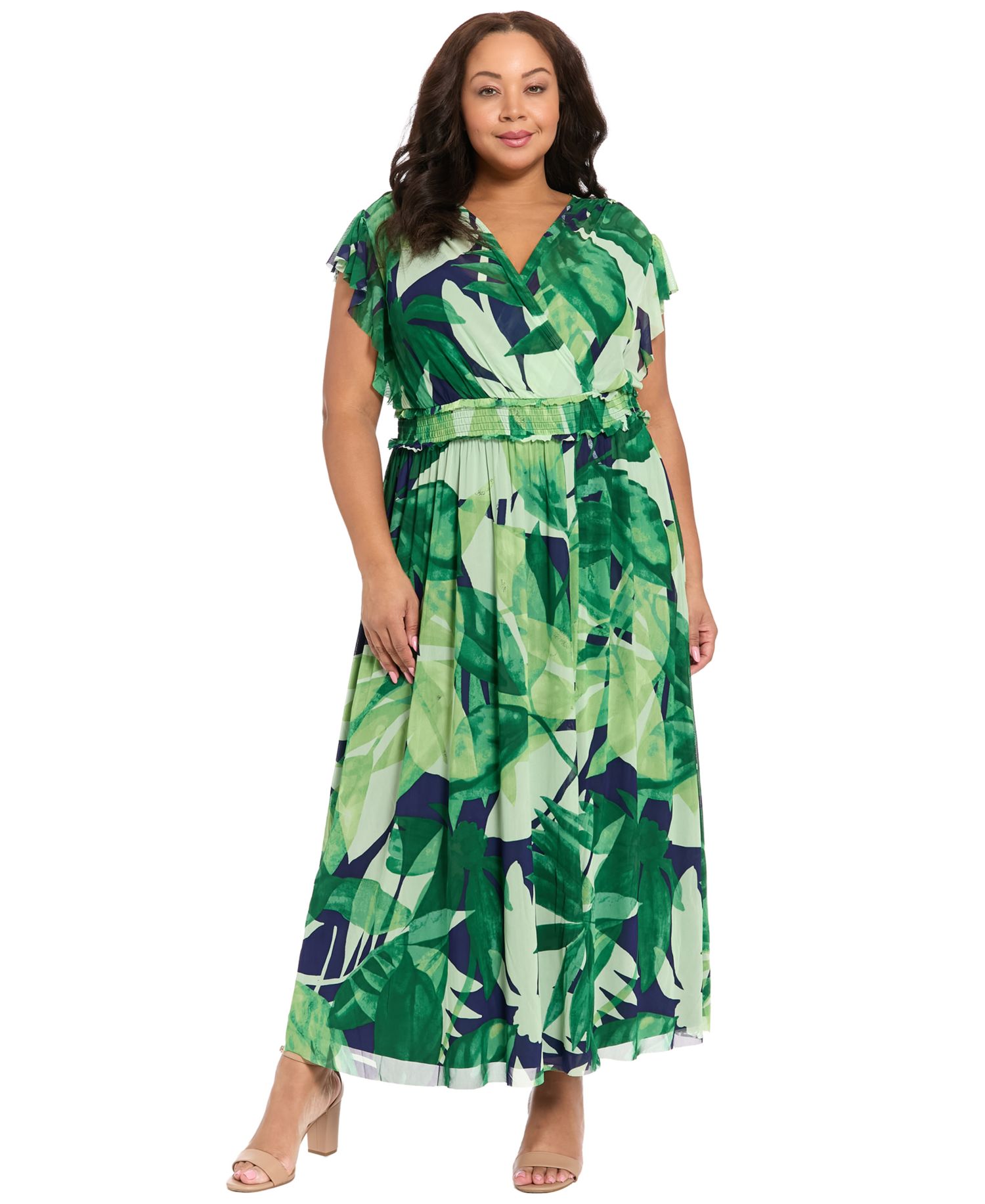 Plus Size Flutter-Sleeve Surplice Neck Tiered Maxi Dress