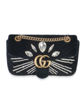 Black Velvet Crystal Embellished Medium GG Marmont Shoulder Bag