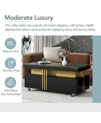 Coffee Table with Faux Marble Top, Rectangle Center Table with 2 Drawers and Caster Wheels for Living Room