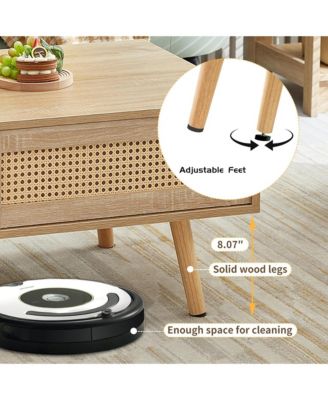 41.34" Rattan Coffee Table, Rectangle Wooden Center Tables with Sliding Door and Solid Wood Legs for Living Room, Home Office