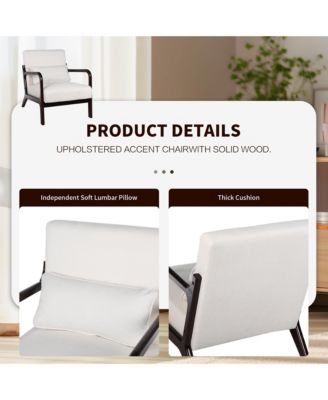 Mid Century Modern Accent Chair - Solid Wood Frame and Detachable Lumbar Pillow, Comfy Linen Armchair for Living Room and Bedroom
