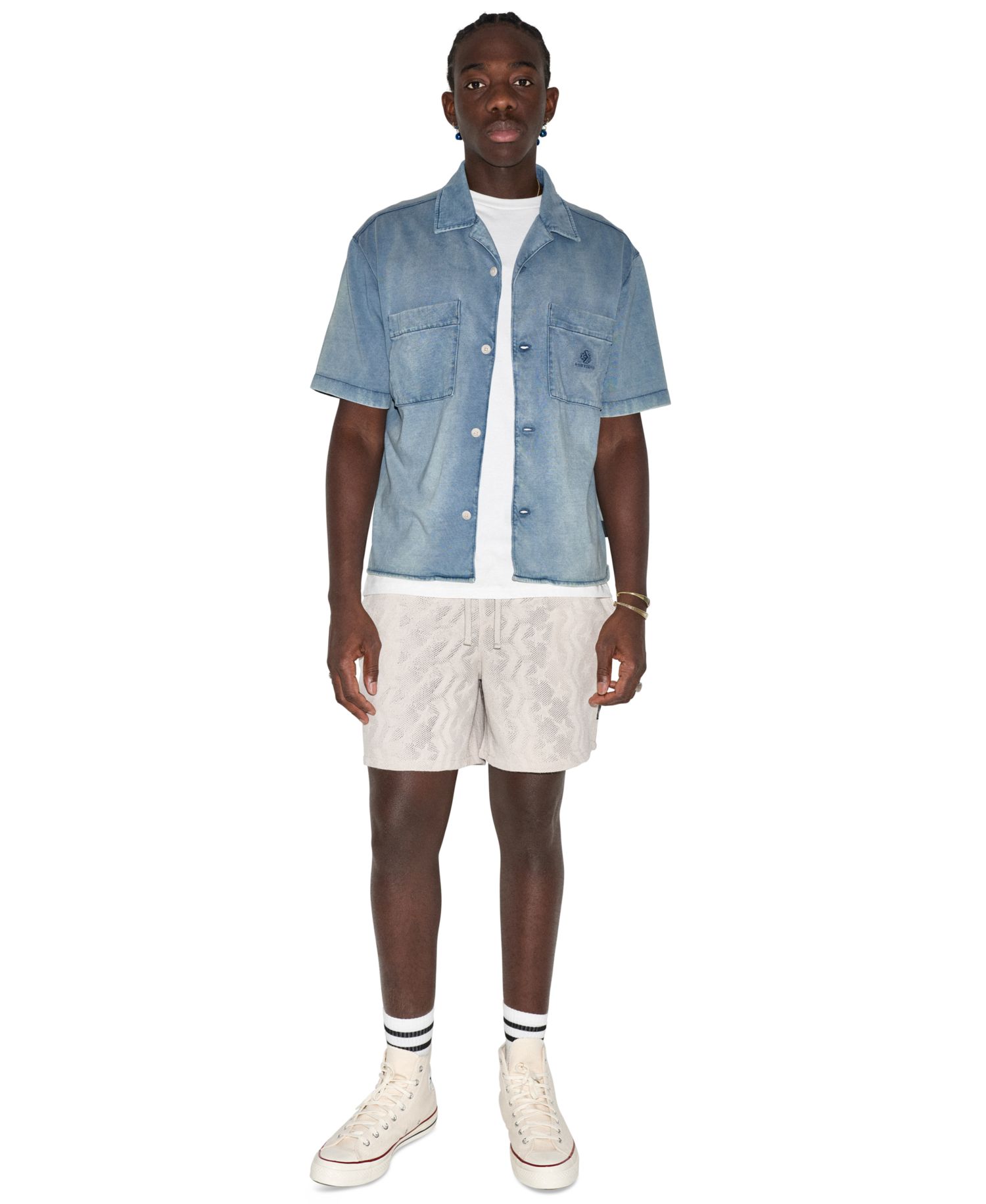 Men's Jersey Denim Short-Sleeve Collared Shirt