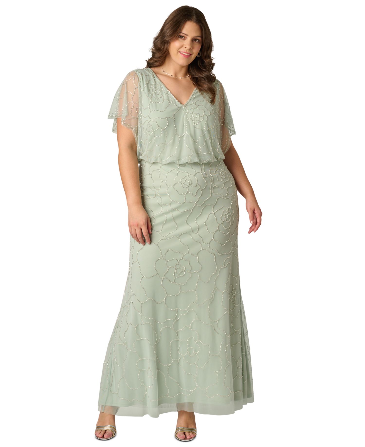 Plus Size Beaded Blouson-Sleeve Ball Gown