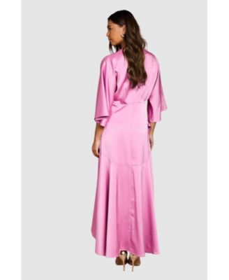Women's Satin Back Crepe Ruffle Wrap Midi Dress
