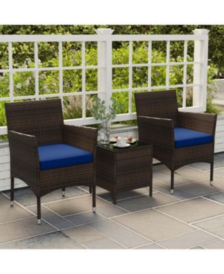 3 PCS Outdoor Conversation Set w/ Cushioned Seat and Tempered Glass Tabletop