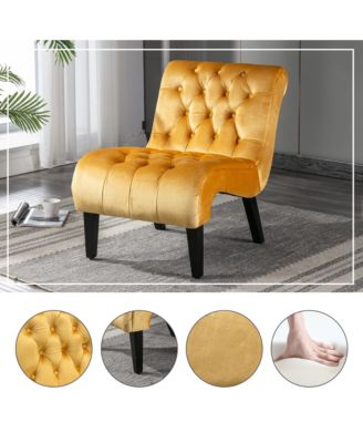 Modern Velvet Accent Chair, Upholstered Fabric Button Reading Chaise with Tufted Back, Wooden Legs and Rolled Edge Design for Living Room