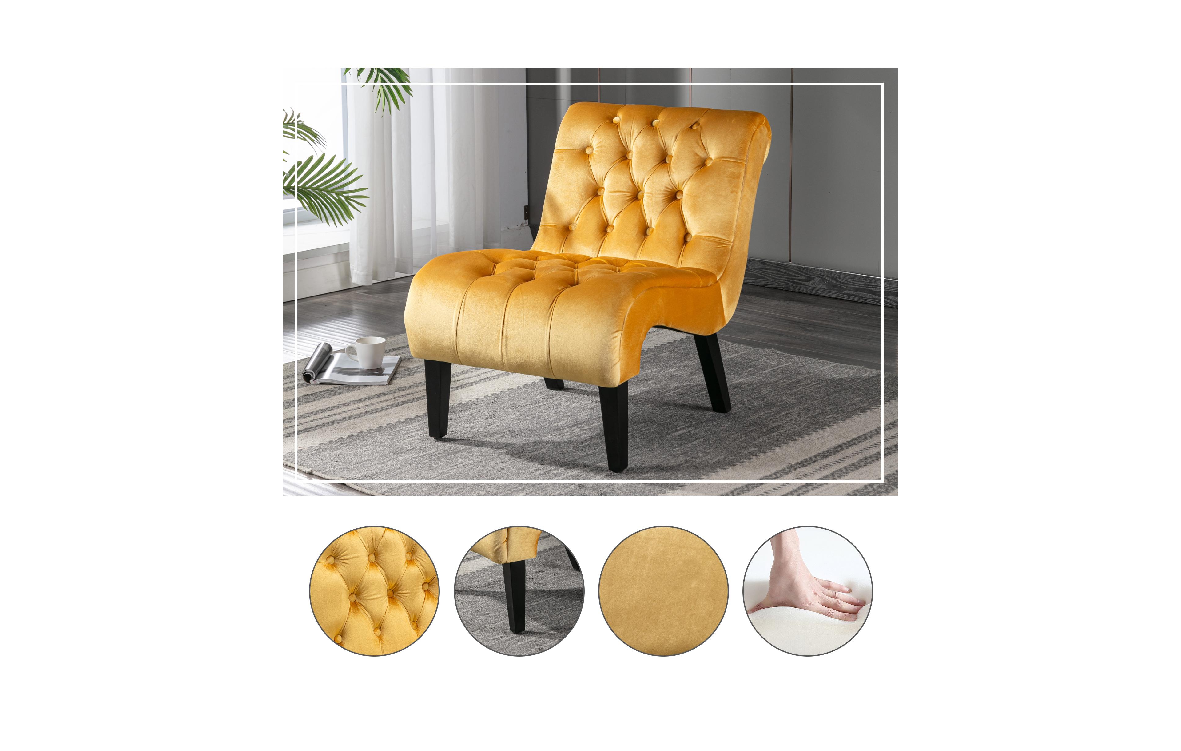Rainsken Modern Velvet Accent Chair, Upholstered Fabric Button Reading Chaise with Tufted Back, Wooden Legs and Rolled Edge Design for Living Room