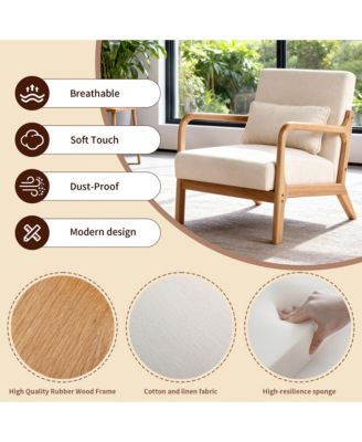 Mid Century Modern Accent Chair - Solid Wood Frame and Detachable Lumbar Pillow, Comfy Linen Armchair for Living Room