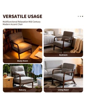 Mid Century Modern Accent Chair - Solid Wood Frame and Detachable Lumbar Pillow, Comfy Linen Armchair for Living Room, Bedroom