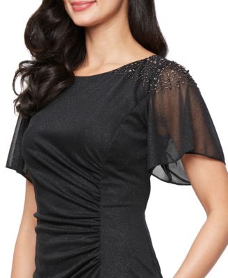 Petite Flutter-Sleeve Embellished Glitter Gown