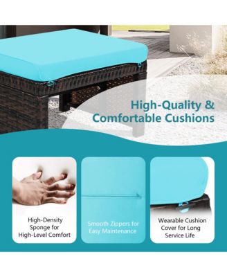 Set of 2 Rattan Ottoman Footrest Footstool Patio Furniture w/ Turquoise Cushion