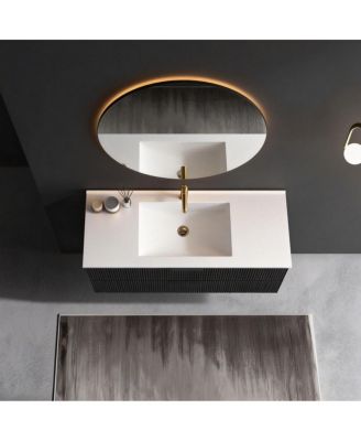 48" Modern Floating Vanity With Ceramic Sink, Black Fluted Wall-Mount Cabinet, 2 Drawers U-Shaped Cutout