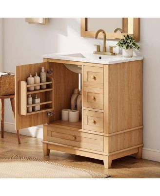 30"   Wood Grain Freestanding Bathroom Vanity, Ceramic Sink With Soft-Close Drawers & Doors, Ample Storage