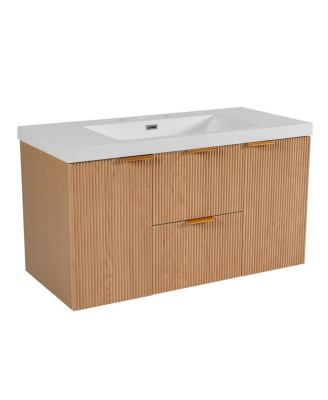 42" Wall-Mounted Floating Single Sink Vanity With SMC Top, MDF Cabinet Wood Grain Finish, Soft-Close Storage