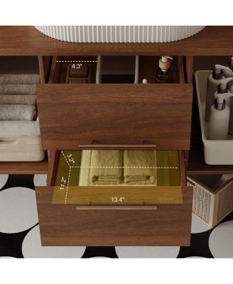 39.4" Wall-Mount Bathroom Vanity with Oval Ceramic Sink, Walnut Solid Wood Floating Cabinet & Soft-Close Drawers