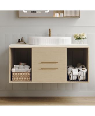 39.3" Modern Wall-Mount Bathroom Vanity with Oval Ceramic Sink, Solid Wood Floating Cabinet & Soft-Close Drawers