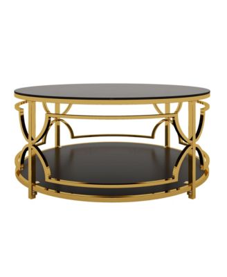 Round Tempered Glass Coffee Table, Modern 2-Tier Center Table, Luxurious Geometric Metal Frame for Living Room