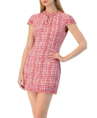 Women's Short Tweed A-Line Dress with V-Neck Neckline