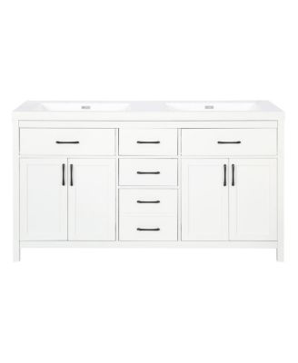 59.3" White Double Sink Bathroom Vanity with SMC Resin Basin, Solid Wood Frame & Soft Close Drawers for Large Bathrooms
