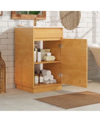 20" Farmhouse Natural Bathroom Vanity with Sink, Rectangular Ceramic Top, Soft Close Door & Adjustable Shelf for Small Space