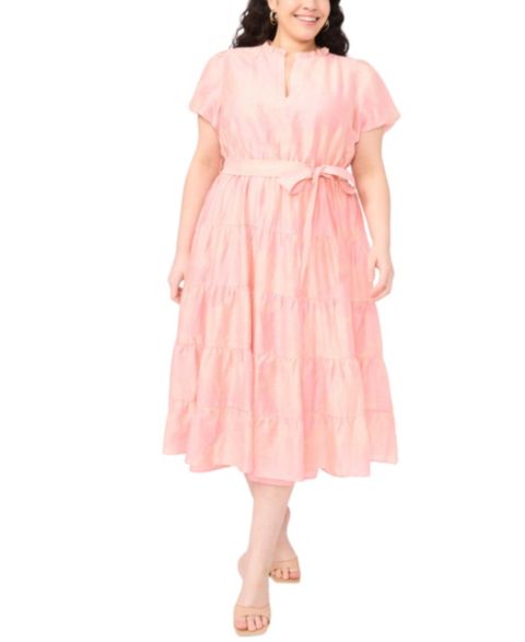 Женское платье Vince Camuto Plus Size Notch-Neck Puff-Sleeve Midi, цвет: Розовый