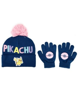 Girls Pikachu Navy Knit Cuff Pom Beanie and Glove Set