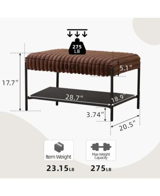 30.7" Wide Upholstered Ottoman, Faux Fur Footstool with Wooden Open Storage Shelf and Black Metal Legs for Living Room