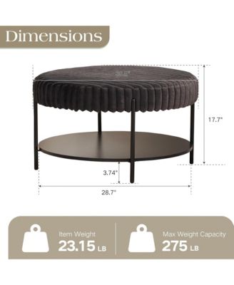 30.9" Wide Upholstered Round Ottoman, Faux Fur Footstool with Wooden Open Storage Shelf and Metal Legs for Living Room
