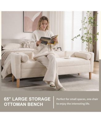 65" Storage Ottoman -  Corduroy Upholstered Bench with Armrests, Backrest and 2 Pillows, End of Bed Bench for Bedroom, Entryway