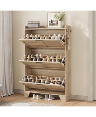 Shoe Cabinet Storage for Entryway, Narrow Shoe Cabinet with 3 Flip Drawers, Freestanding Hidden Slim Shoe Organizer Cabinet with Hooks