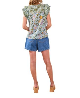 Women's Mixed Media Cap-Sleeve Printed Top 