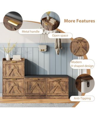 Farmhouse Entryway Shoe Cabinet with Bench and 4 Flip Drawers, Comfort Cushioned Shoe Storage Bench, Freestanding Shoe Organizer