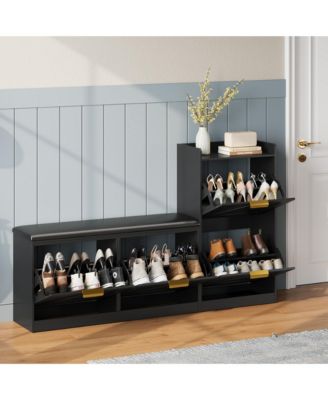 Farmhouse Entryway Shoe Cabinet with Bench and 4 Flip Drawers, Comfort Cushioned Shoe Storage Bench, Freestanding Shoe Organizer