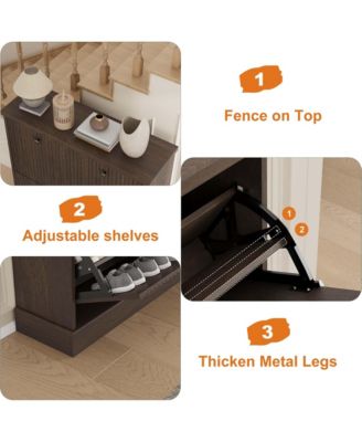Fluted Shoe Cabinet with 2 Flip Drawers, Hidden Wooden Shoe Cabinet with Adjustable Shelf, Freestanding Shoe Storage Cabinet