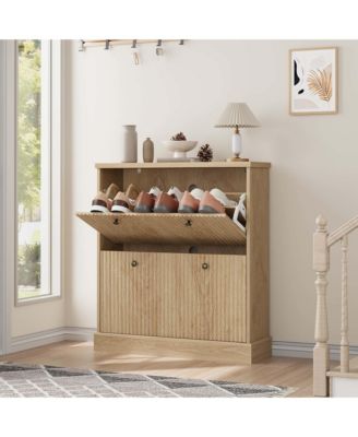 Fluted Shoe Cabinet with 2 Flip Drawers, Hidden Wooden Shoe Cabinet with Adjustable Shelf, Freestanding Shoe Storage Cabinet