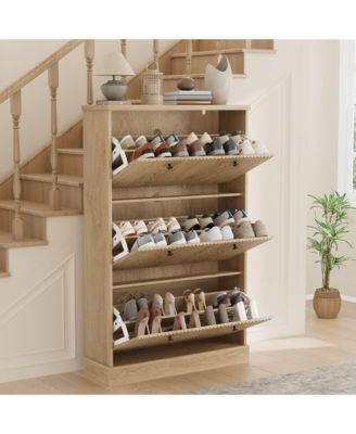 Fluted Shoe Cabinet Storage with 3 Flip Drawers, Wooden Fluted Narrow Shoe Organizer with Adjustable and Removable Shelves