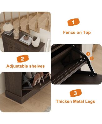 Fluted Shoe Storage Cabinet with 2 Flip Drawers and Top Drawer, 42" Tall Narrow Shoe Organizer, Curved Profile Design